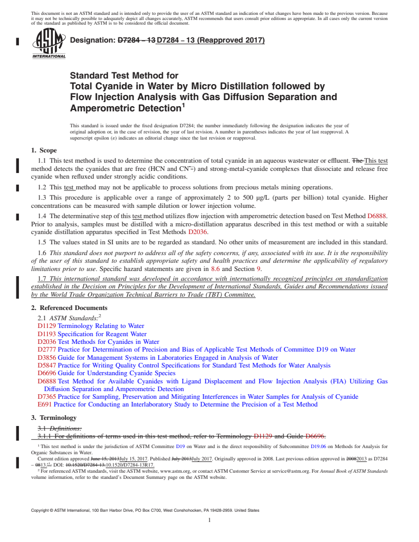 REDLINE ASTM D7284-13(2017) - Standard Test Method for  Total Cyanide in Water by Micro Distillation followed by Flow  Injection   Analysis with Gas Diffusion Separation and Amperometric  Detection