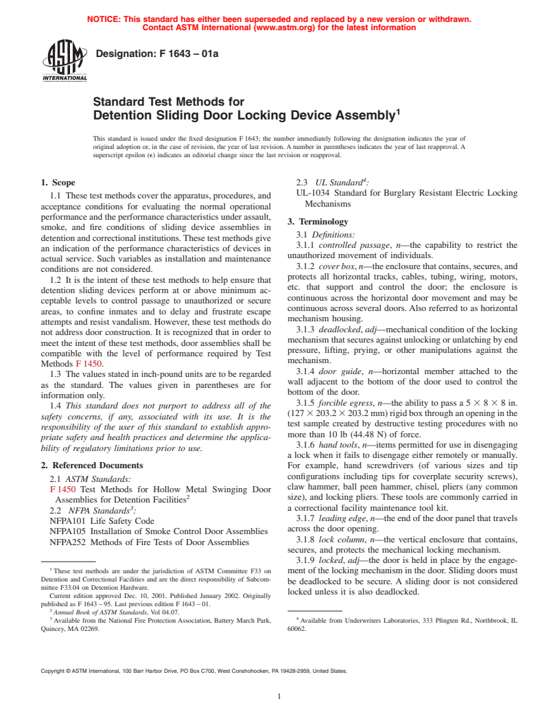 ASTM F1643-01a - Standard Test Methods for Detention Sliding Door Locking Device Assembly