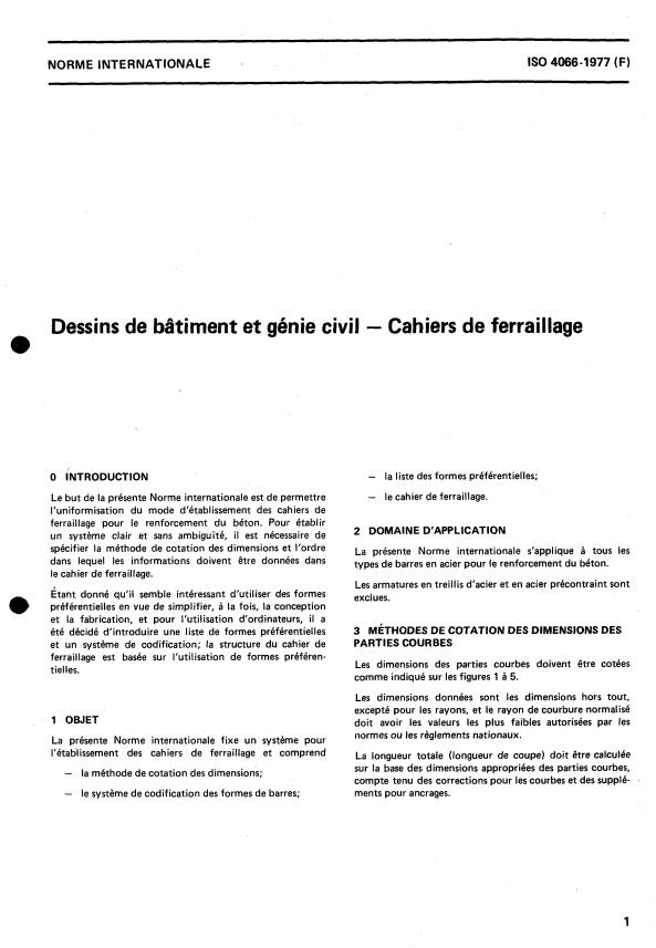 ISO 4066:1977 - Dessins de bâtiment et génie civil -- Cahiers de ferraillage