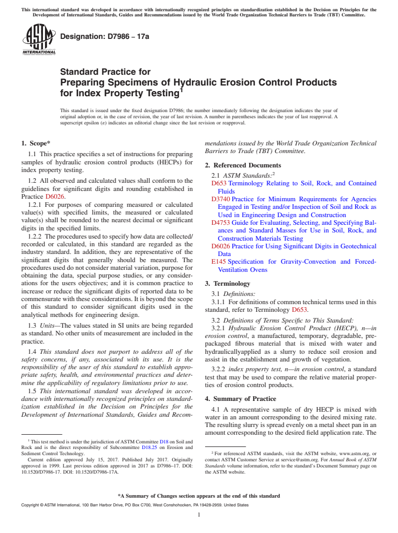 ASTM D7986-17a - Standard Practice for Preparing Specimens of Hydraulic Erosion Control Products for  Index Property Testing