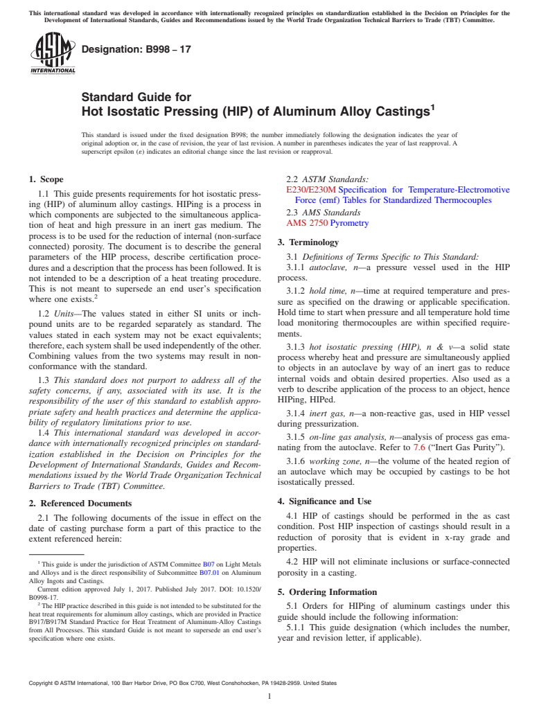 ASTM B998-17 - Standard Guide for Hot Isostatic Pressing (HIP) of Aluminum Alloy Castings