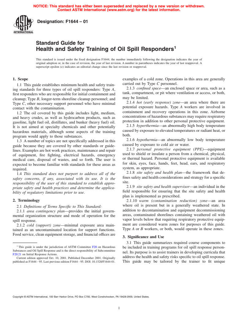 ASTM F1644-01 - Standard Guide for Health and Safety Training of Oil Spill Responders (Withdrawn 2010)