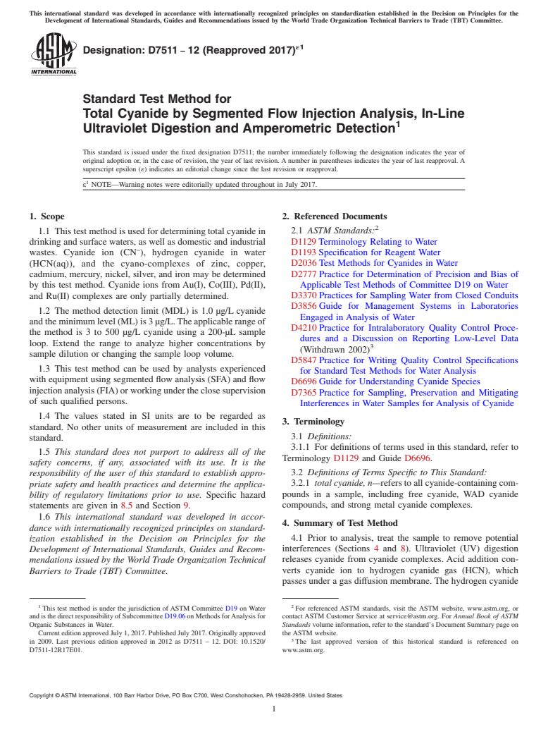 ASTM D7511-12(2017)e1 - Standard Test Method for  Total Cyanide by Segmented Flow Injection Analysis, In-Line  Ultraviolet Digestion and Amperometric Detection