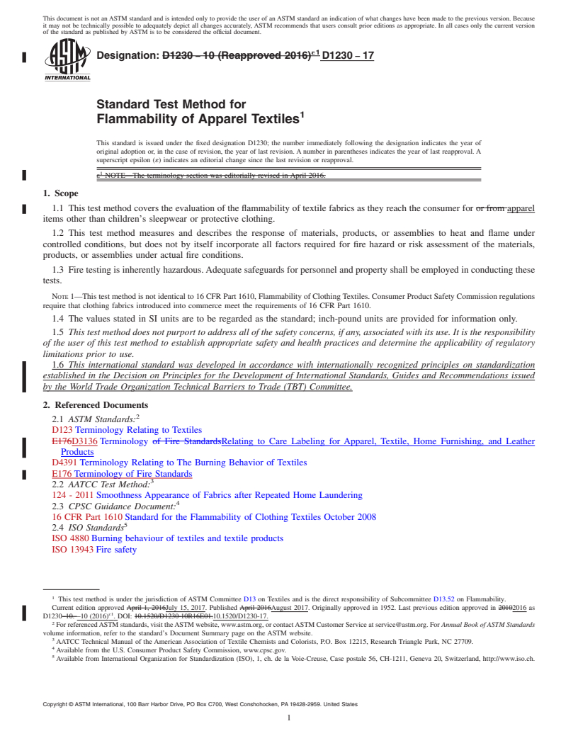 REDLINE ASTM D1230-17 - Standard Test Method for  Flammability of Apparel Textiles