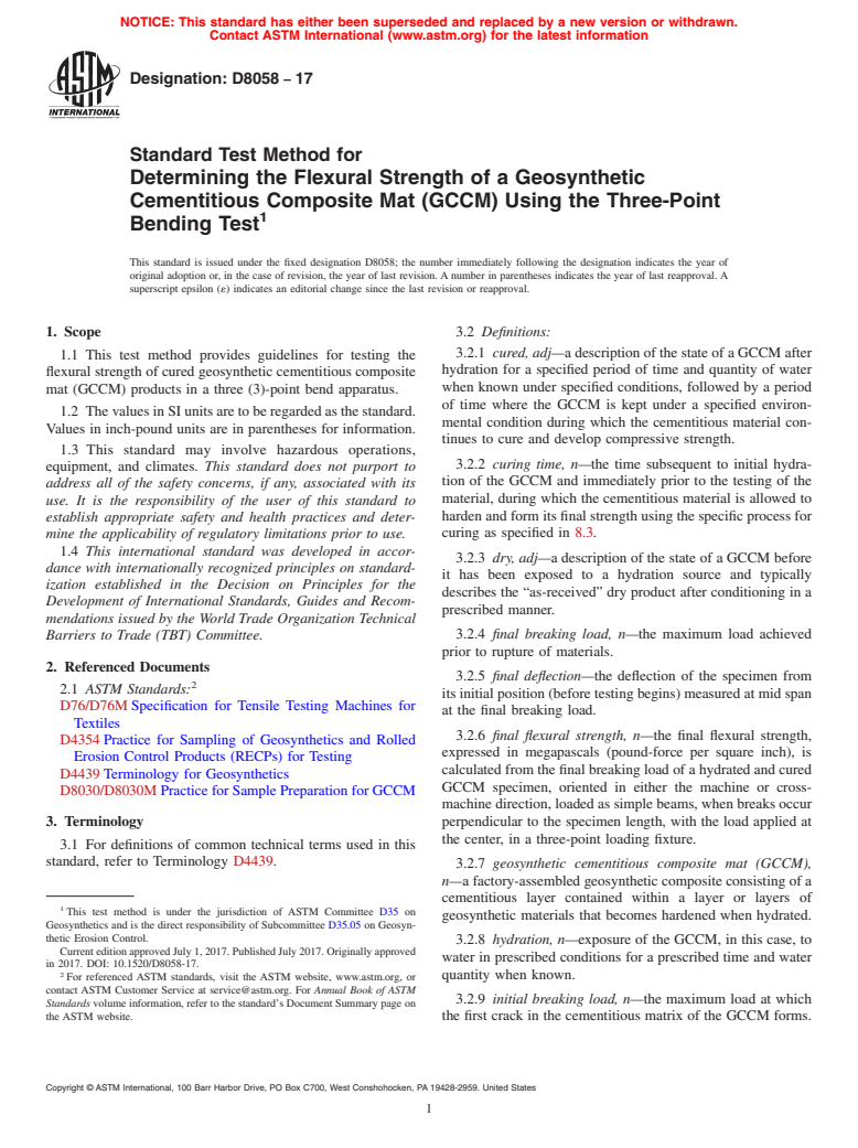 ASTM D8058-17 - Standard Test Method for Determining the Flexural Strength of a Geosynthetic Cementitious  Composite Mat (GCCM) Using the Three-Point Bending Test