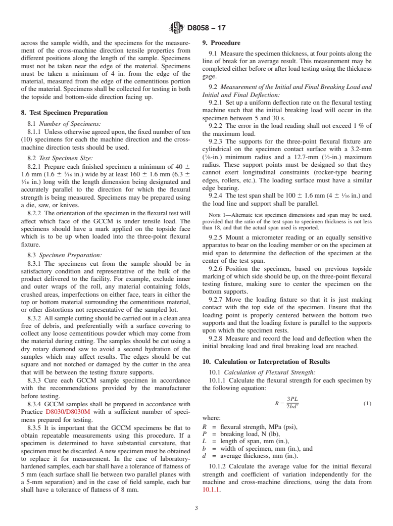 ASTM D8058-17 - Standard Test Method for Determining the Flexural Strength of a Geosynthetic Cementitious  Composite Mat (GCCM) Using the Three-Point Bending Test