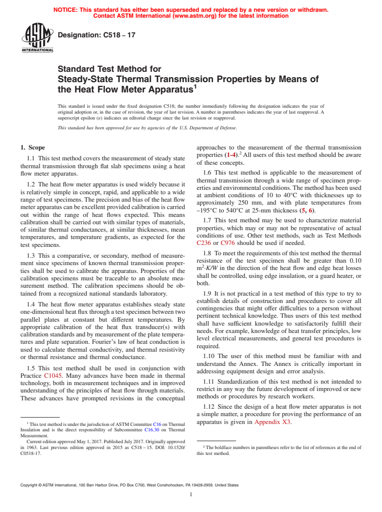 ASTM C518-17 - Standard Test Method for Steady-State Thermal Transmission Properties by Means of the  Heat Flow Meter Apparatus