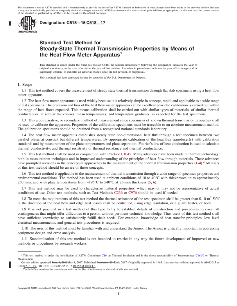 REDLINE ASTM C518-17 - Standard Test Method for Steady-State Thermal Transmission Properties by Means of the  Heat Flow Meter Apparatus