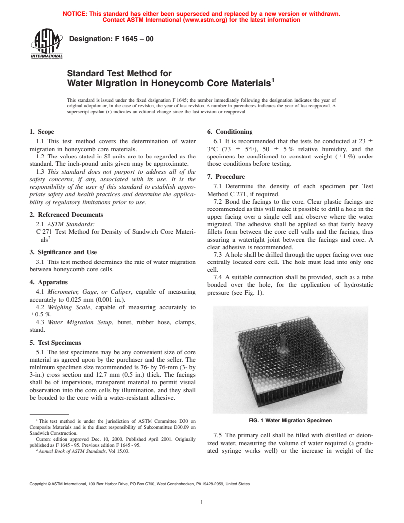 ASTM F1645-00 - Standard Test Method for Water Migration in Honeycomb Core Materials