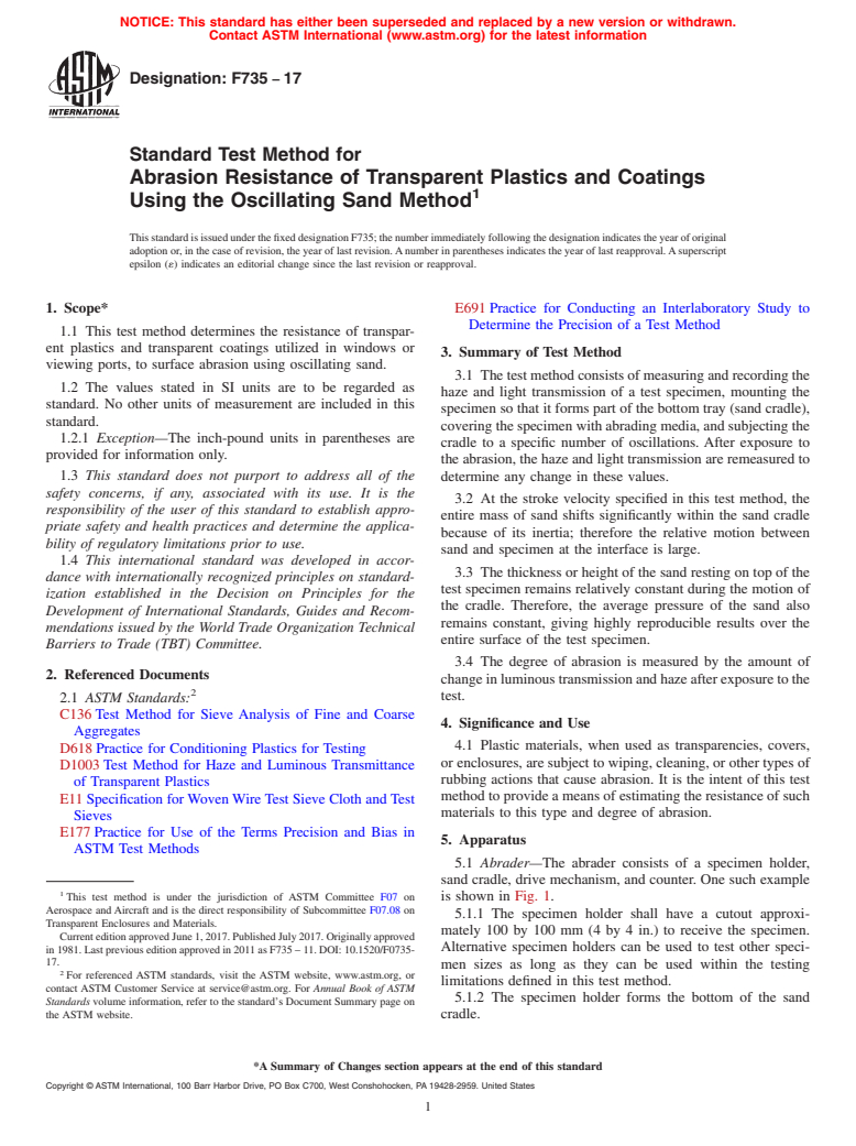 ASTM F735-17 - Standard Test Method for  Abrasion Resistance of Transparent Plastics and Coatings Using  the Oscillating Sand Method