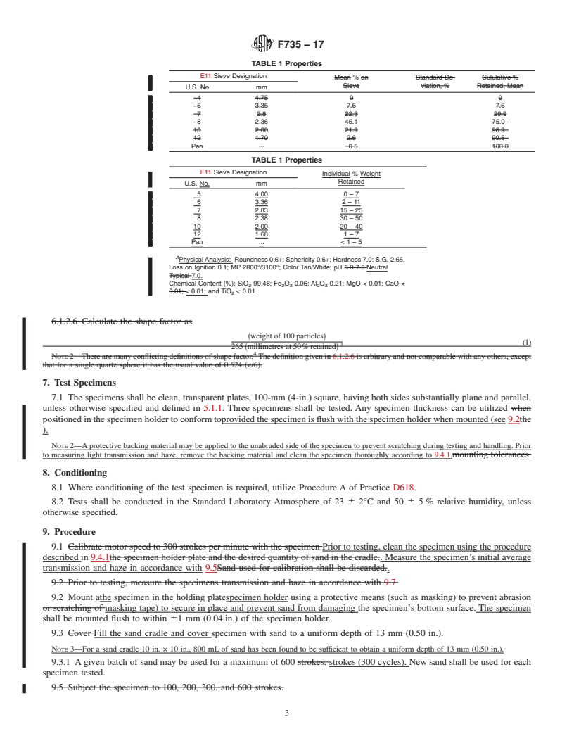 REDLINE ASTM F735-17 - Standard Test Method for  Abrasion Resistance of Transparent Plastics and Coatings Using  the Oscillating Sand Method