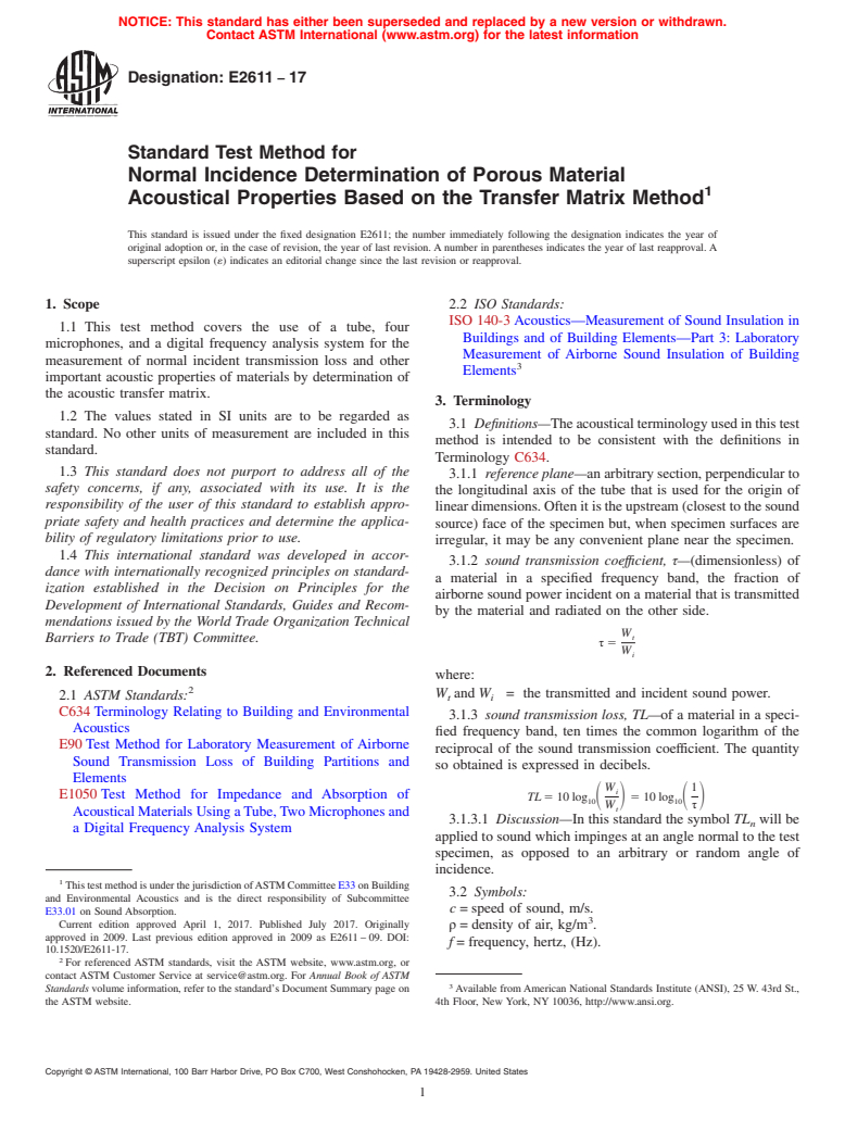 ASTM E2611-17 - Standard Test Method for  Normal Incidence Determination of Porous Material Acoustical  Properties Based on the Transfer Matrix Method