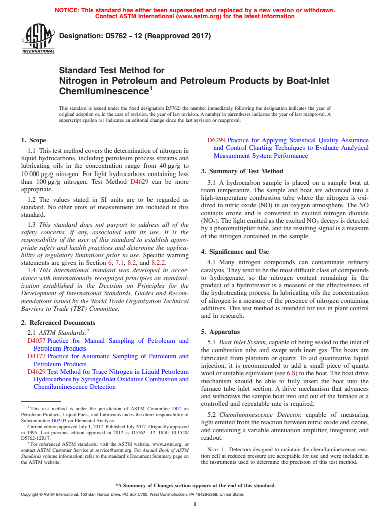 ASTM D5762-12(2017) - Standard Test Method for  Nitrogen in Petroleum and Petroleum Products by Boat-Inlet  Chemiluminescence