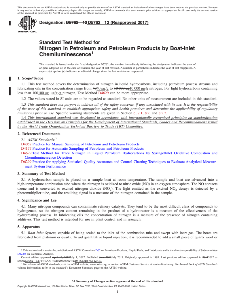 REDLINE ASTM D5762-12(2017) - Standard Test Method for  Nitrogen in Petroleum and Petroleum Products by Boat-Inlet  Chemiluminescence