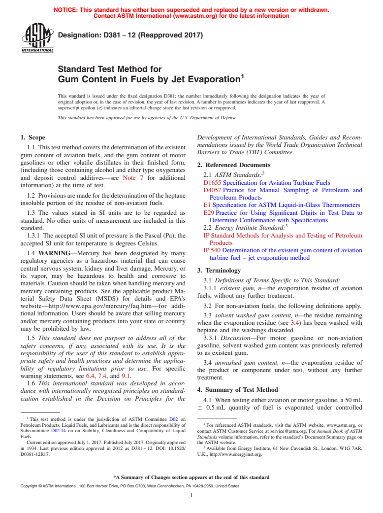 ASTM D381-12(2017) - Standard Test Method for  Gum Content in Fuels by Jet Evaporation