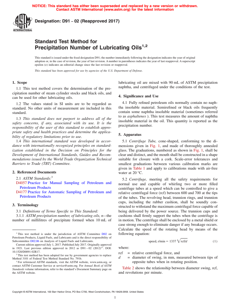 ASTM D91-02(2017) - Standard Test Method for  Precipitation Number of Lubricating Oils