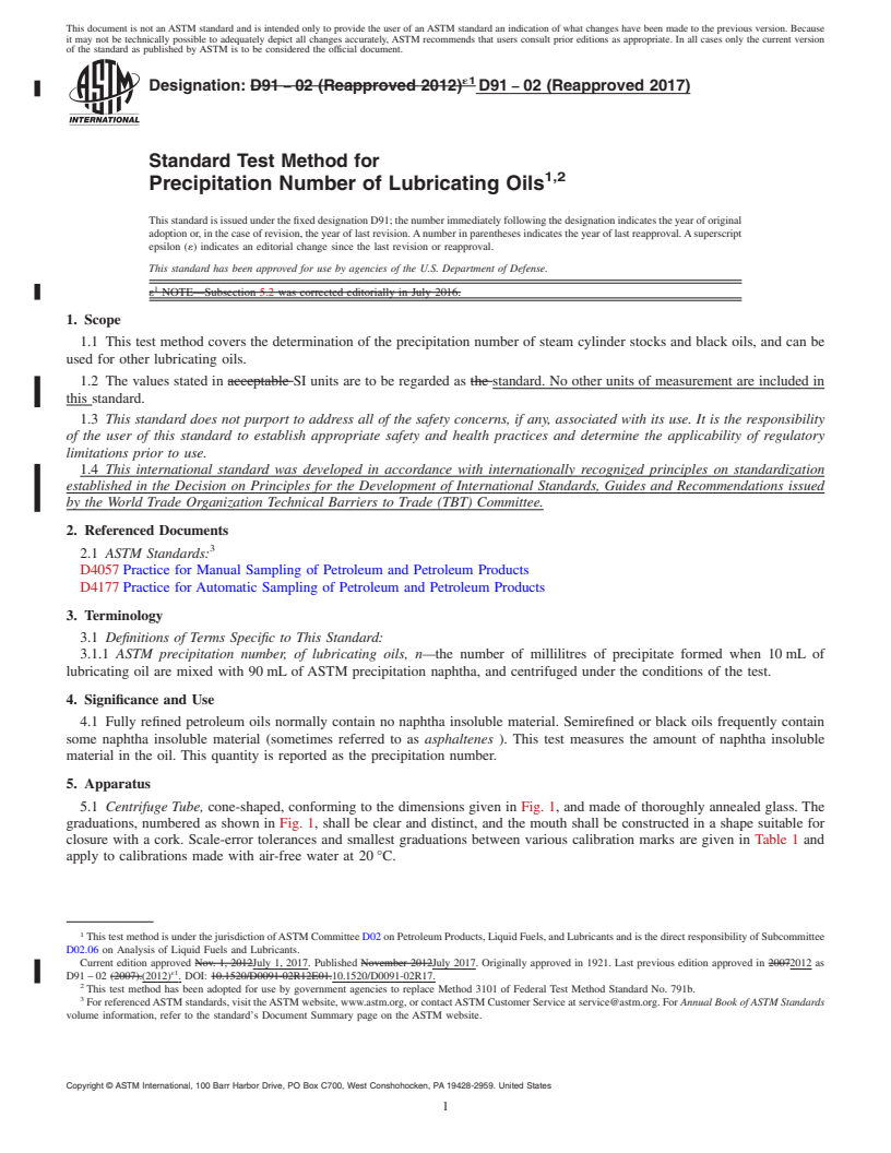 REDLINE ASTM D91-02(2017) - Standard Test Method for  Precipitation Number of Lubricating Oils