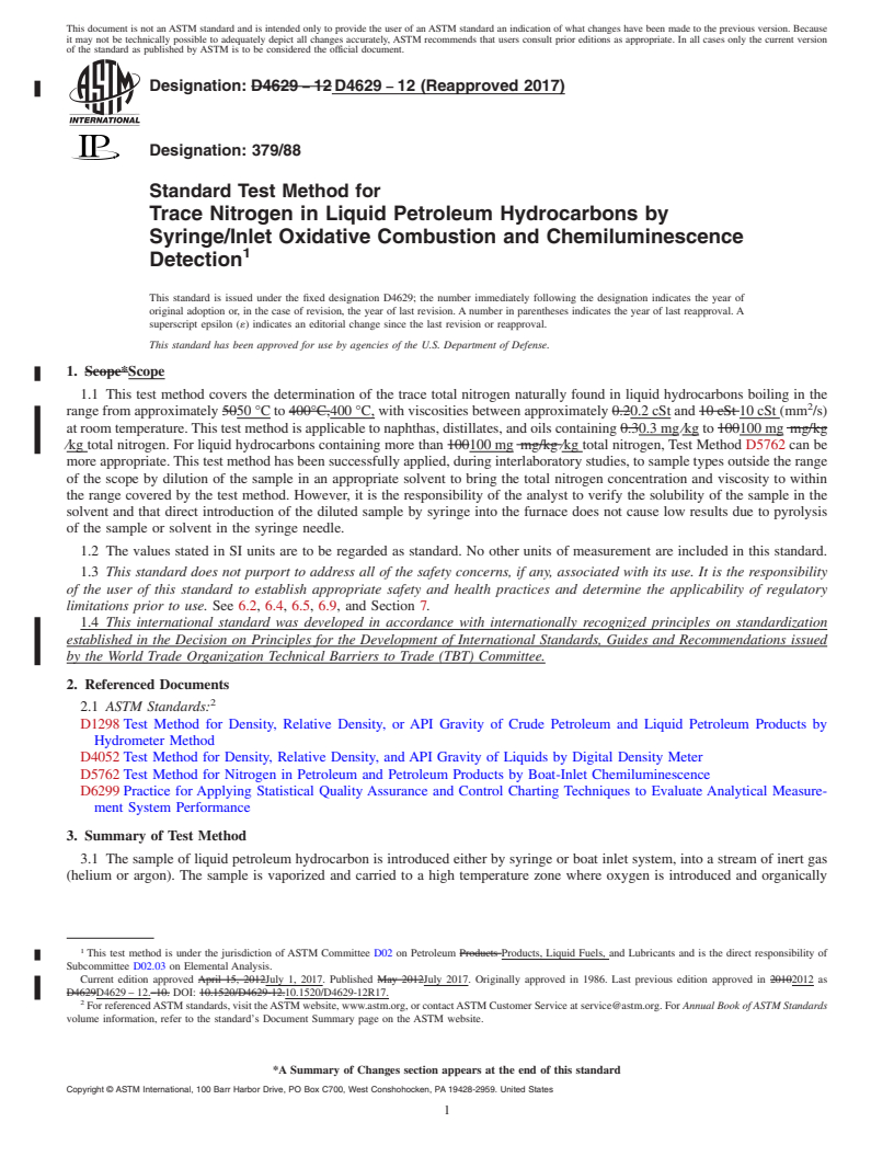 REDLINE ASTM D4629-12(2017) - Standard Test Method for  Trace Nitrogen in Liquid Petroleum Hydrocarbons by Syringe/Inlet  Oxidative Combustion and Chemiluminescence Detection