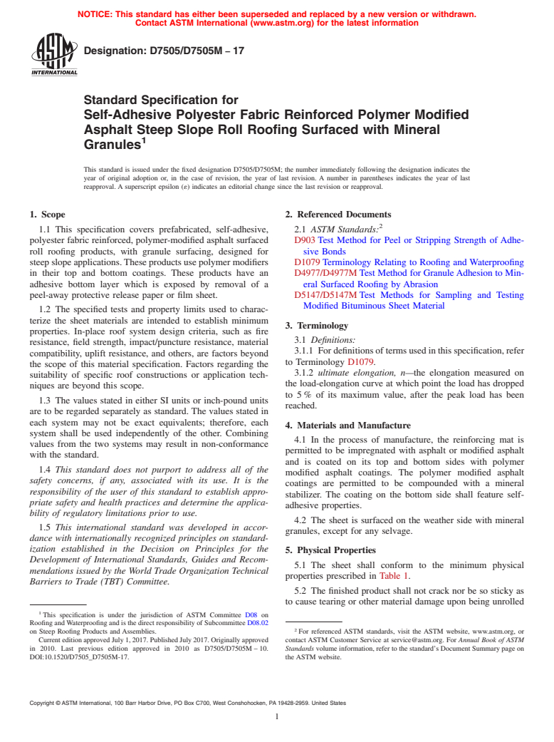 ASTM D7505/D7505M-17 - Standard Specification for  Self-Adhesive Polyester Fabric Reinforced Polymer Modified   Asphalt Steep Slope Roll Roofing Surfaced with Mineral Granules
