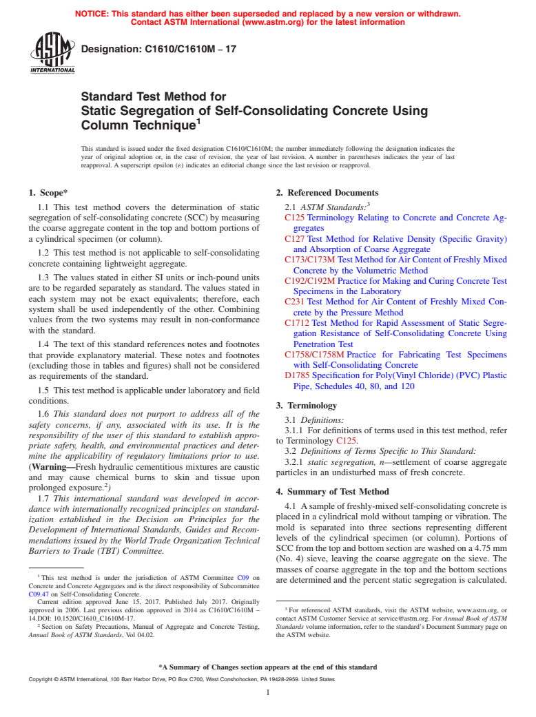 ASTM C1610/C1610M-17 - Standard Test Method for  Static Segregation of Self-Consolidating Concrete Using Column  Technique