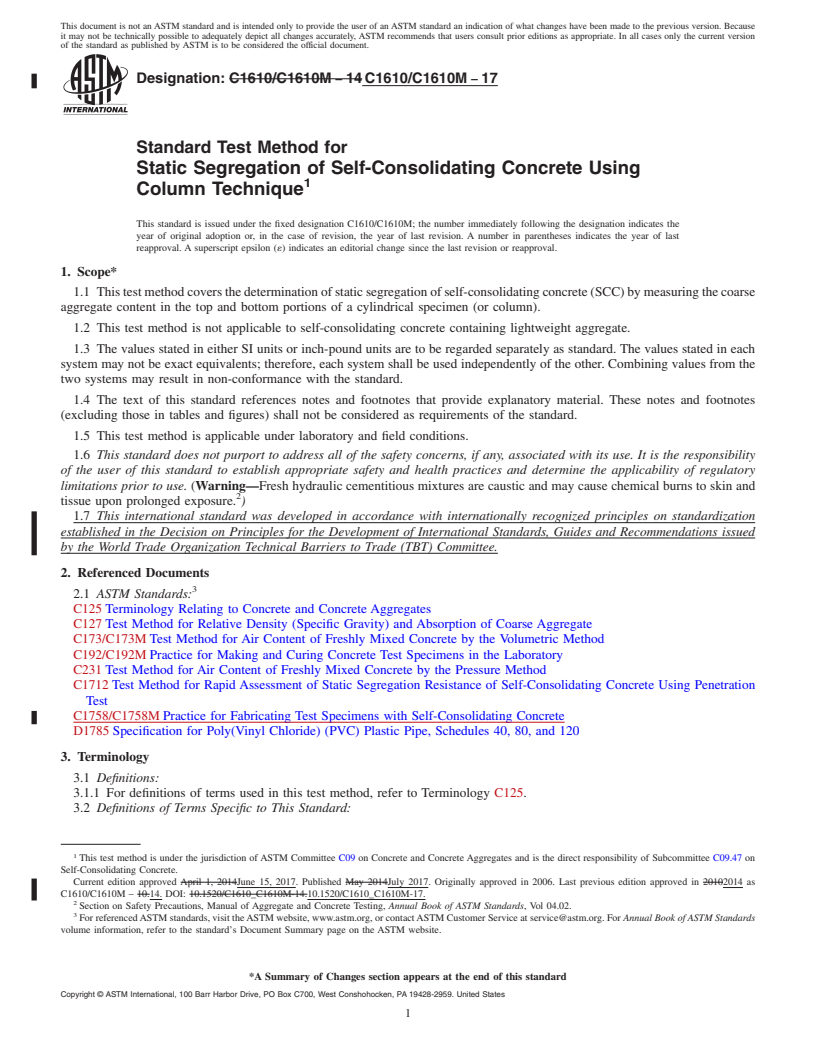 REDLINE ASTM C1610/C1610M-17 - Standard Test Method for  Static Segregation of Self-Consolidating Concrete Using Column  Technique