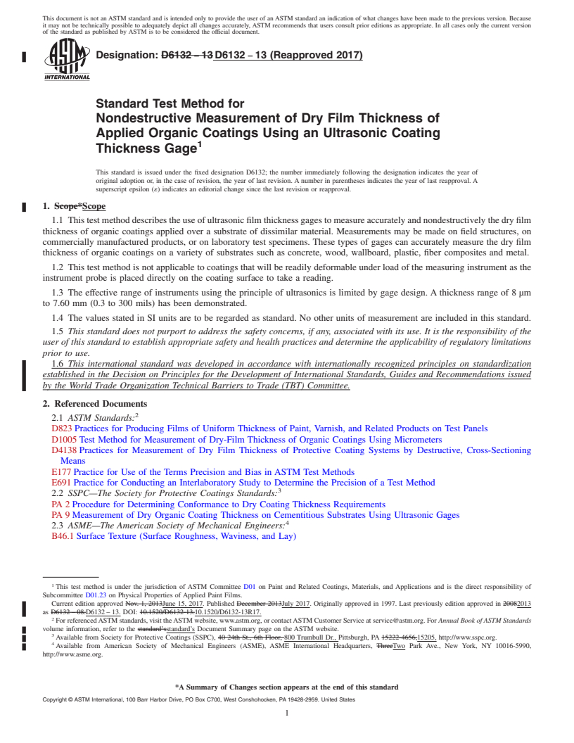 REDLINE ASTM D6132-13(2017) - Standard Test Method for Nondestructive Measurement of Dry Film Thickness of Applied   Organic     Coatings Using an Ultrasonic Coating Thickness Gage