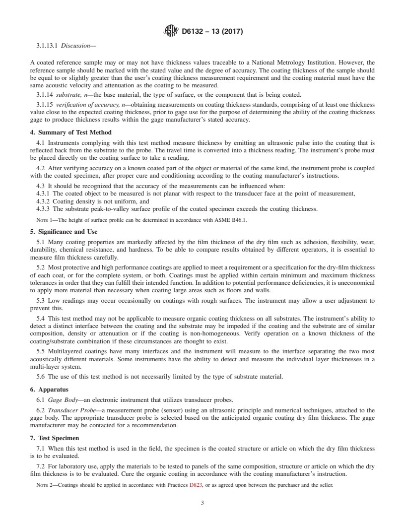 REDLINE ASTM D6132-13(2017) - Standard Test Method for Nondestructive Measurement of Dry Film Thickness of Applied   Organic     Coatings Using an Ultrasonic Coating Thickness Gage