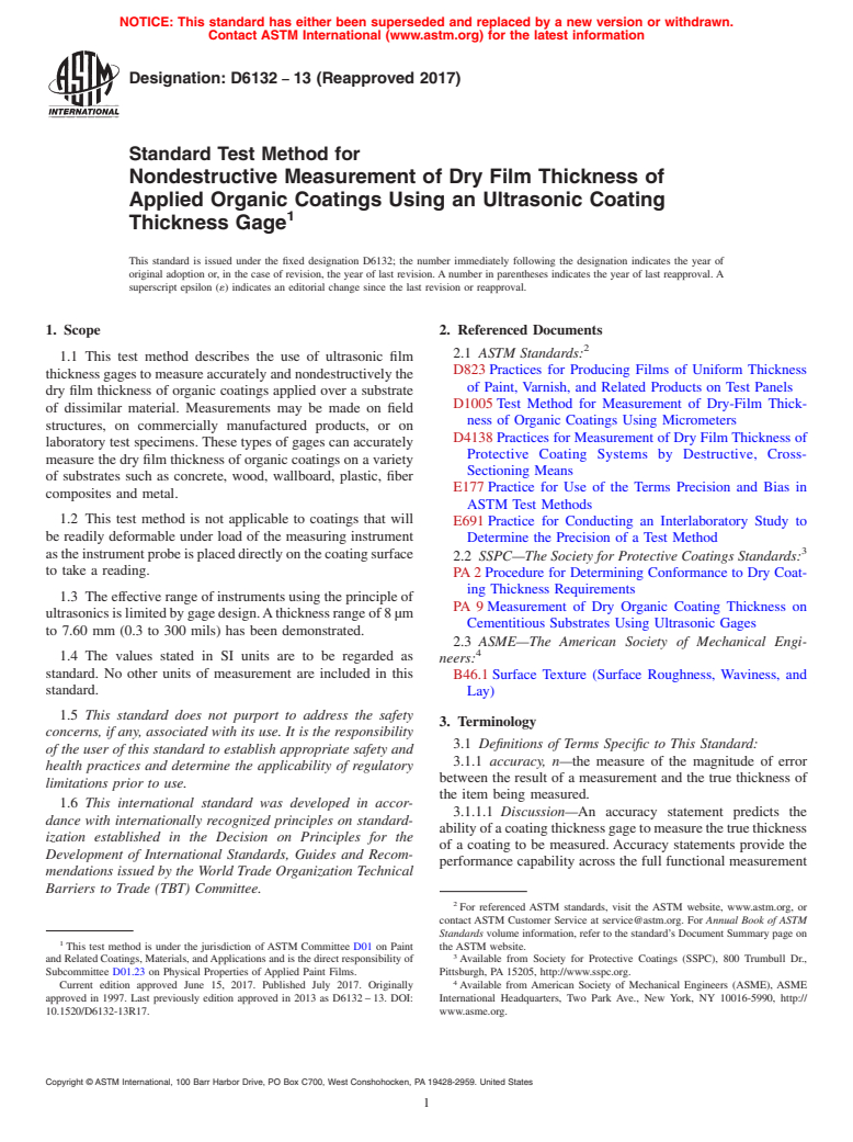 ASTM D6132-13(2017) - Standard Test Method for Nondestructive Measurement of Dry Film Thickness of Applied   Organic     Coatings Using an Ultrasonic Coating Thickness Gage