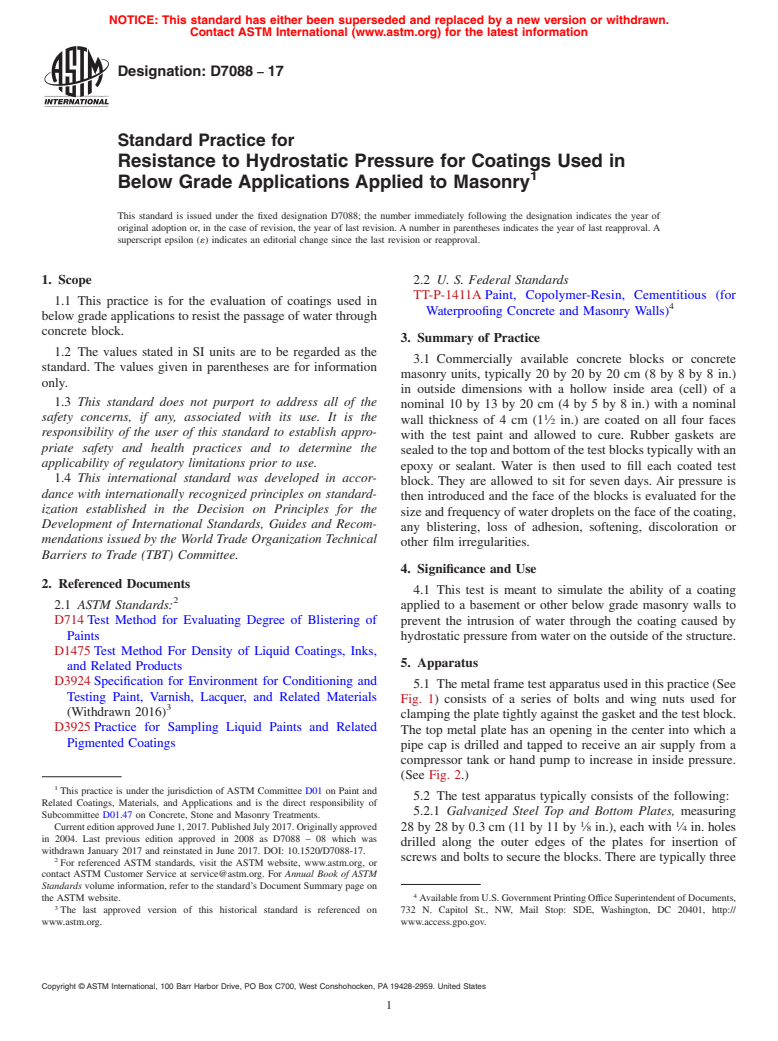 ASTM D7088-17 - Standard Practice for Resistance to Hydrostatic Pressure for Coatings Used in Below  Grade     Applications Applied to Masonry