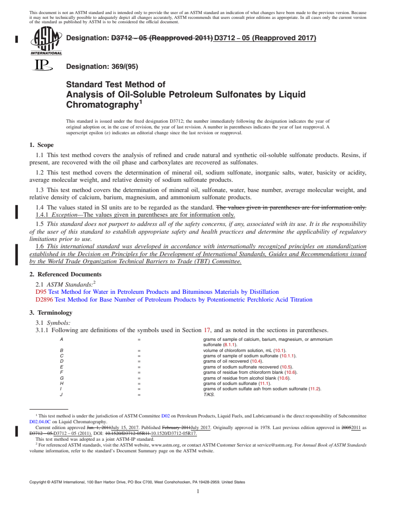 REDLINE ASTM D3712-05(2017) - Standard Test Method of  Analysis of Oil-Soluble Petroleum Sulfonates by Liquid Chromatography