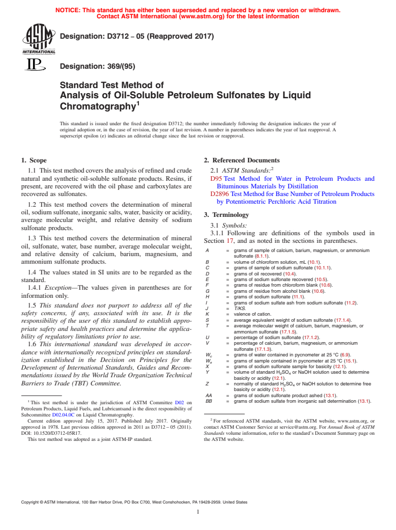 ASTM D3712-05(2017) - Standard Test Method of  Analysis of Oil-Soluble Petroleum Sulfonates by Liquid Chromatography