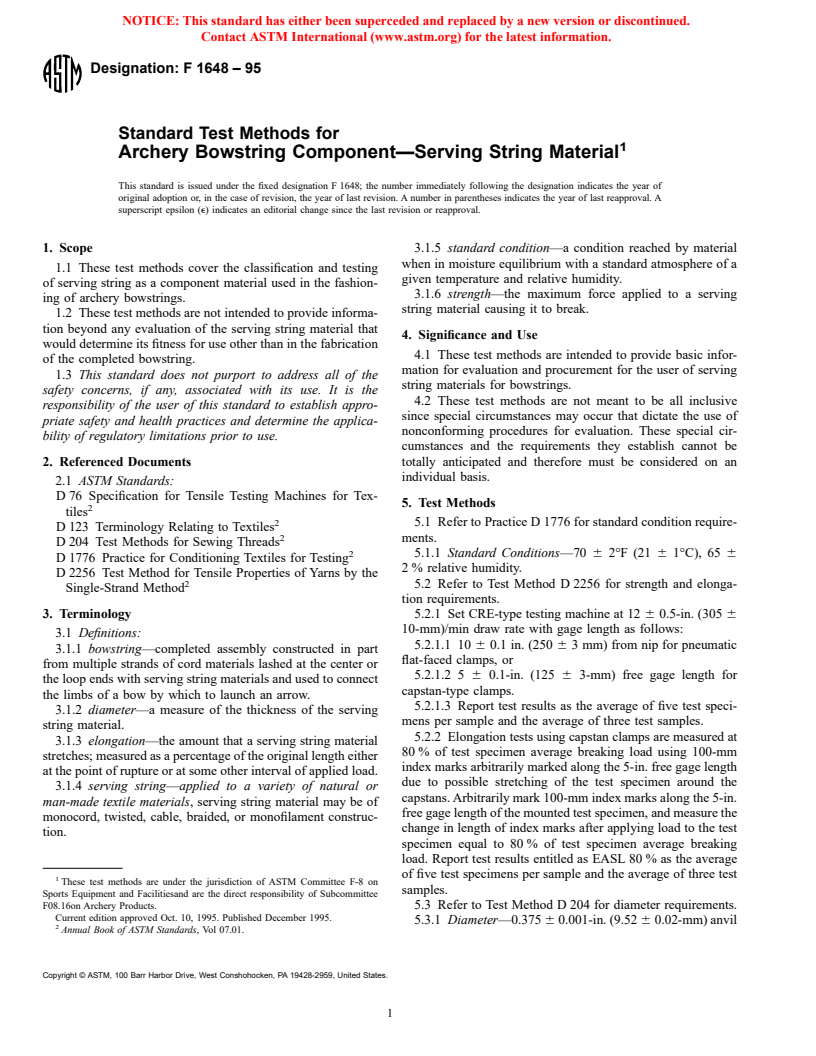 ASTM F1648-95 - Standard Test Methods for Archery Bowstring Component-Serving String Material