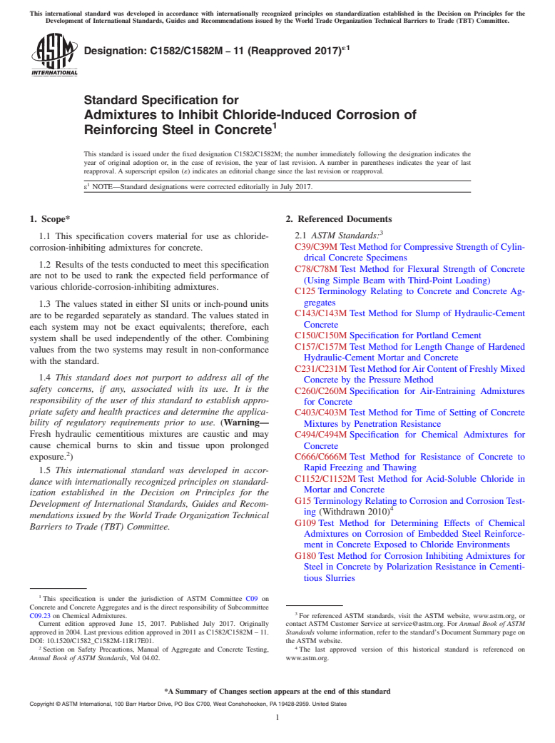 ASTM C1582/C1582M-11(2017)e1 - Standard Specification for  Admixtures to Inhibit Chloride-Induced Corrosion of Reinforcing  Steel in Concrete