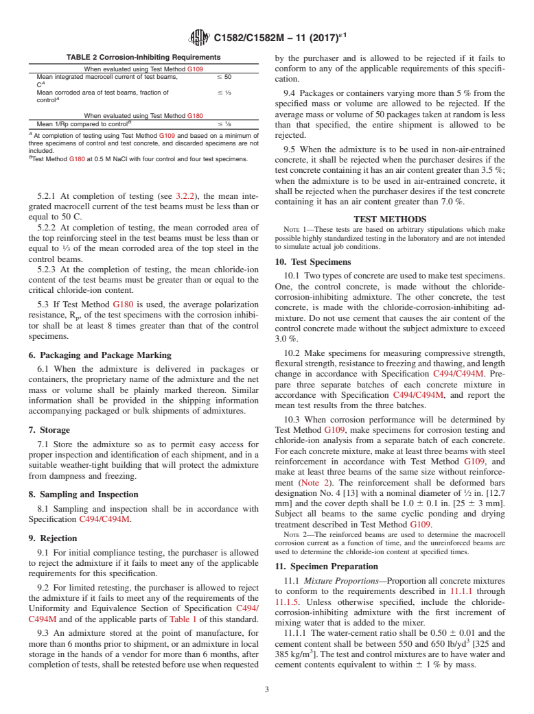 ASTM C1582/C1582M-11(2017)e1 - Standard Specification for  Admixtures to Inhibit Chloride-Induced Corrosion of Reinforcing  Steel in Concrete