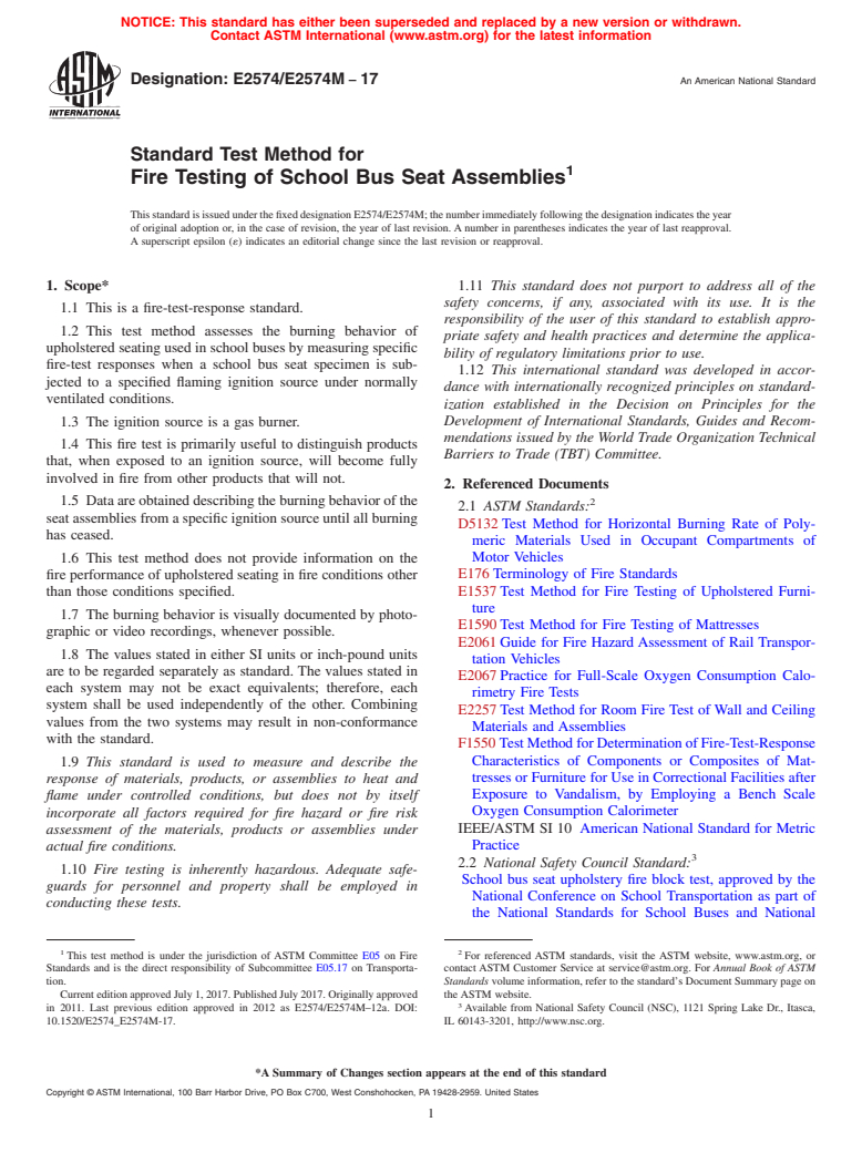 ASTM E2574/E2574M-17 - Standard Test Method for  Fire Testing of School Bus Seat Assemblies