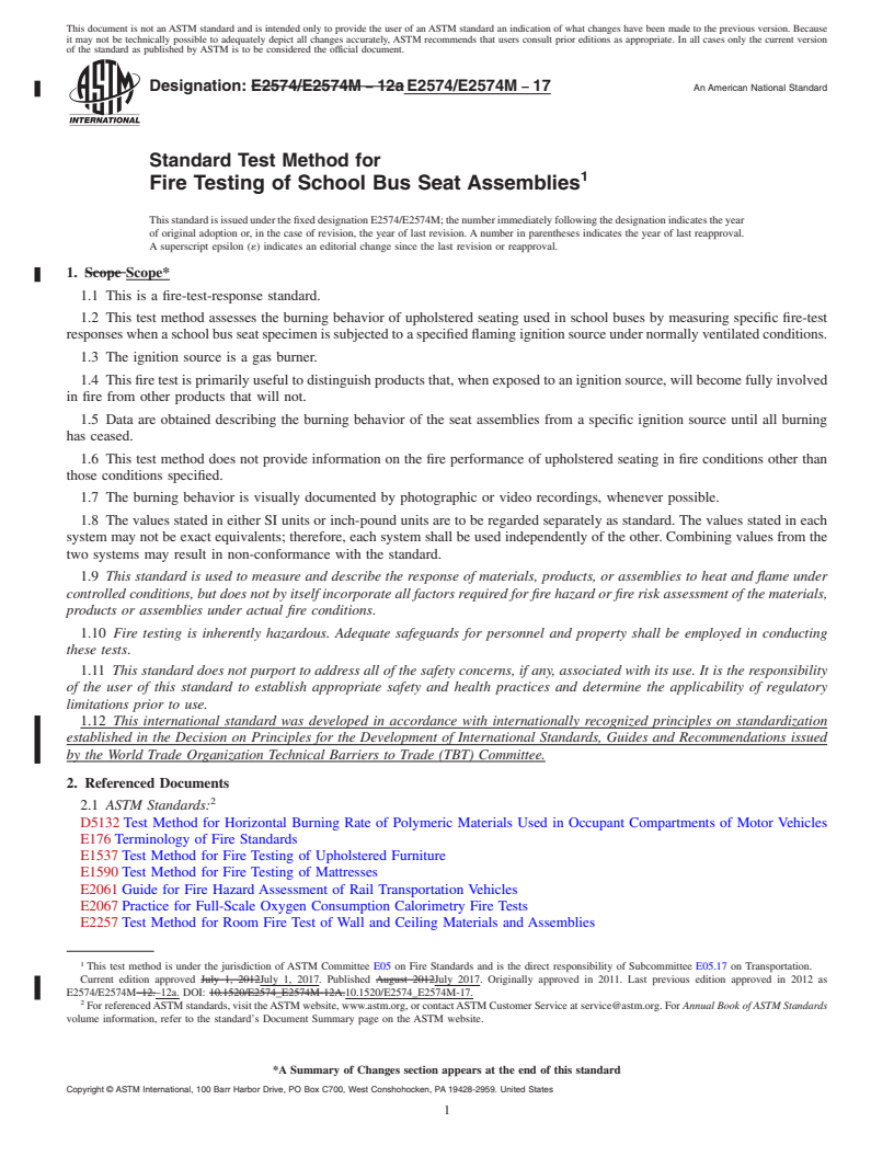 REDLINE ASTM E2574/E2574M-17 - Standard Test Method for  Fire Testing of School Bus Seat Assemblies