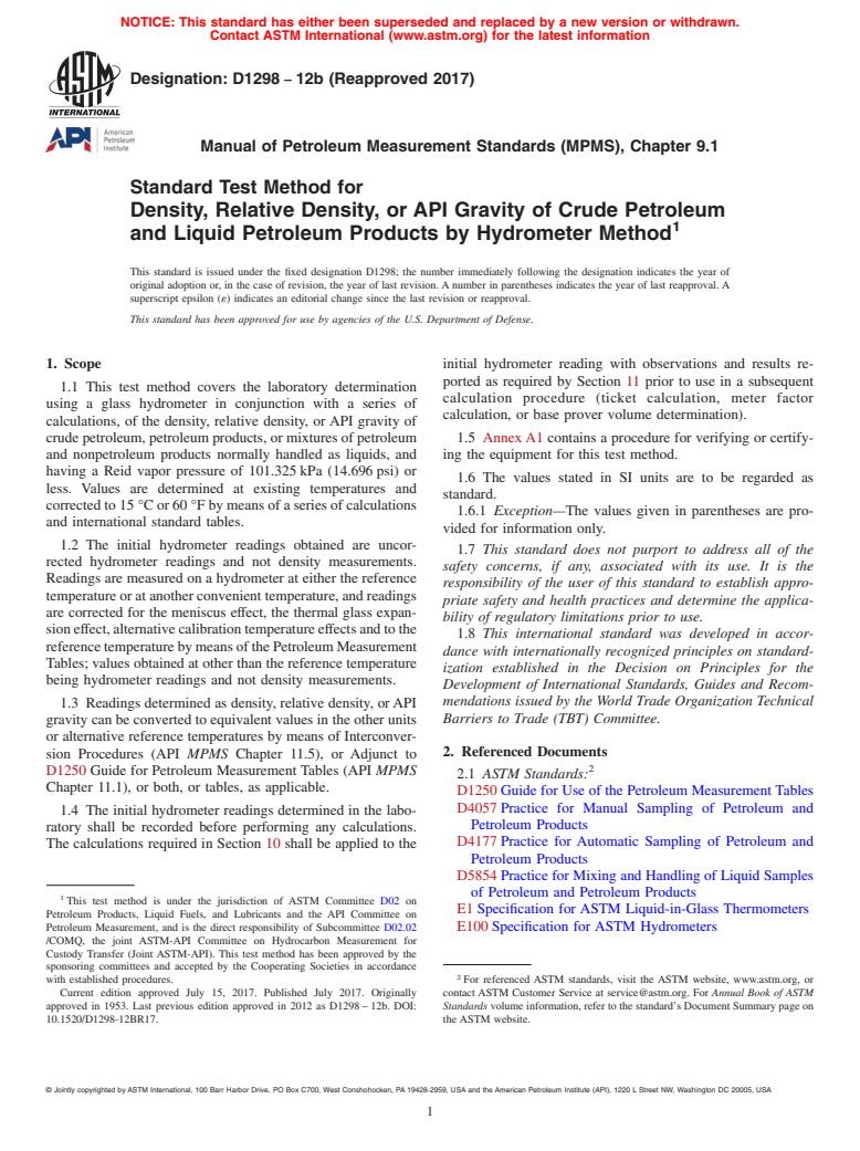 ASTM D1298-12b(2017) - Standard Test Method for Density, Relative Density, or API Gravity of Crude Petroleum  and Liquid Petroleum Products by Hydrometer Method