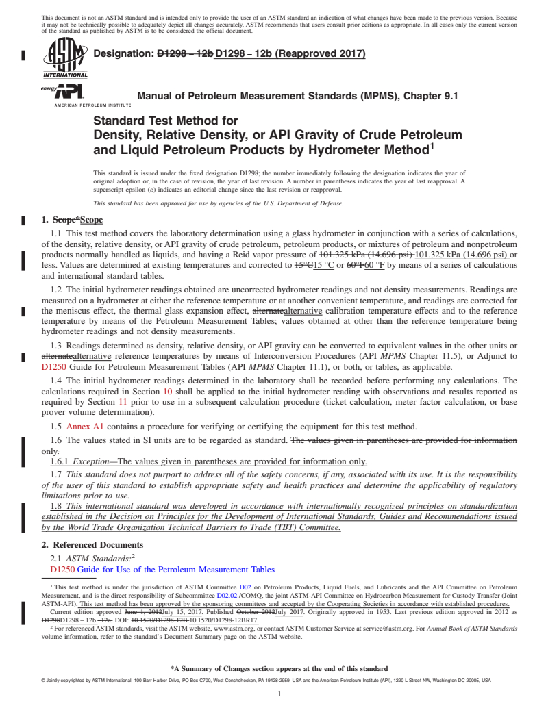 REDLINE ASTM D1298-12b(2017) - Standard Test Method for Density, Relative Density, or API Gravity of Crude Petroleum  and Liquid Petroleum Products by Hydrometer Method