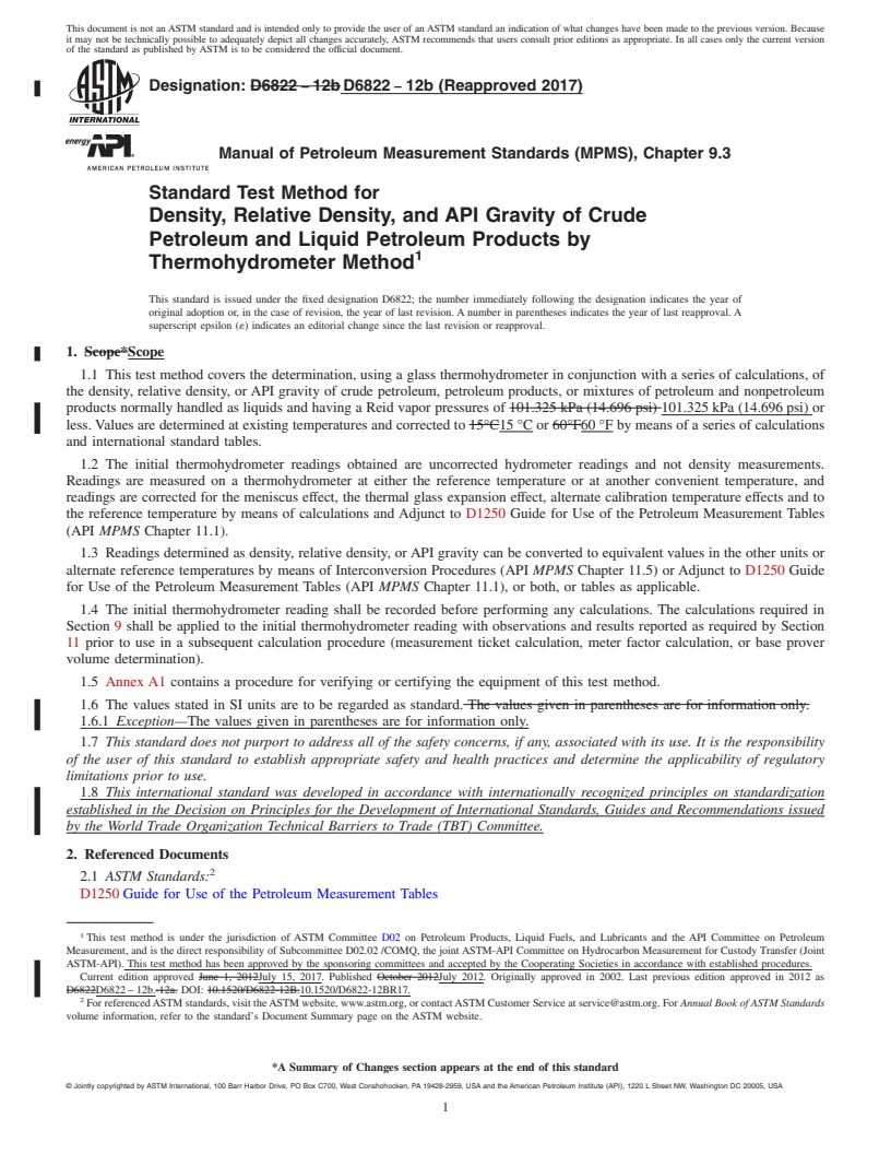 REDLINE ASTM D6822-12b(2017) - Standard Test Method for Density, Relative Density, and API Gravity of Crude Petroleum  and Liquid Petroleum Products by Thermohydrometer Method