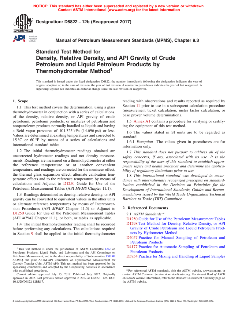 ASTM D6822-12b(2017) - Standard Test Method for Density, Relative Density, and API Gravity of Crude Petroleum  and Liquid Petroleum Products by Thermohydrometer Method