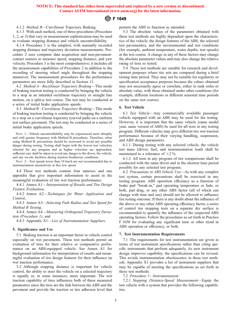 ASTM F1649-96e1 - Standard Test Methods for Evaluating Wet Braking Traction Performance of Passenger Car Tires on Vehicles Equipped with Anti-Lock Braking Systems