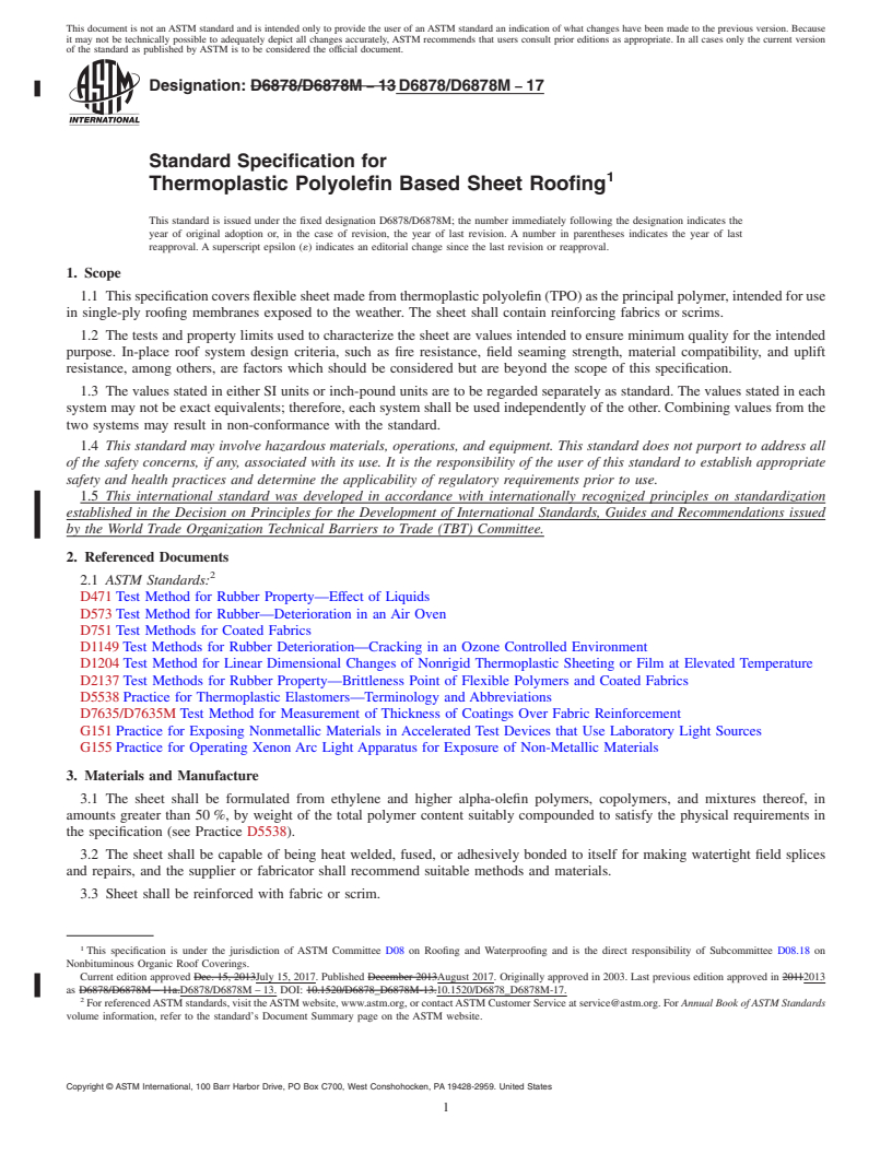 REDLINE ASTM D6878/D6878M-17 - Standard Specification for  Thermoplastic Polyolefin Based Sheet Roofing