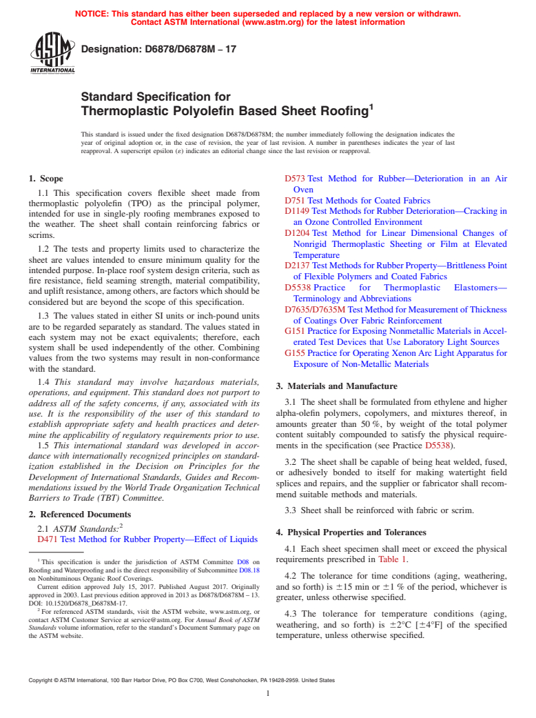 ASTM D6878/D6878M-17 - Standard Specification for  Thermoplastic Polyolefin Based Sheet Roofing