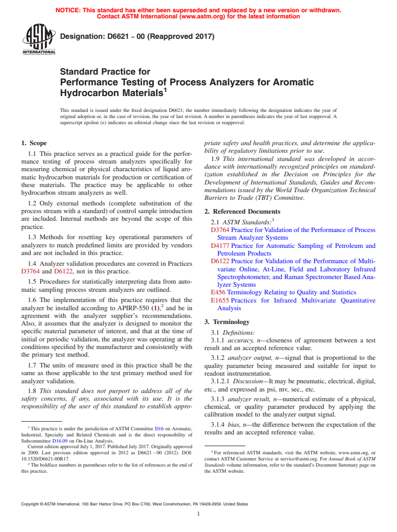 ASTM D6621-00(2017) - Standard Practice for Performance Testing of Process Analyzers for Aromatic Hydrocarbon  Materials