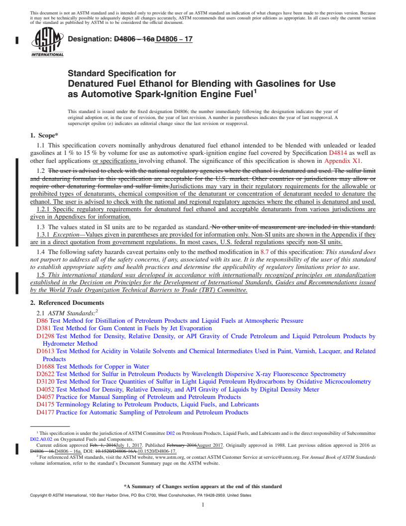 REDLINE ASTM D4806-17 - Standard Specification for Denatured Fuel Ethanol for Blending with Gasolines for Use  as Automotive Spark-Ignition Engine Fuel