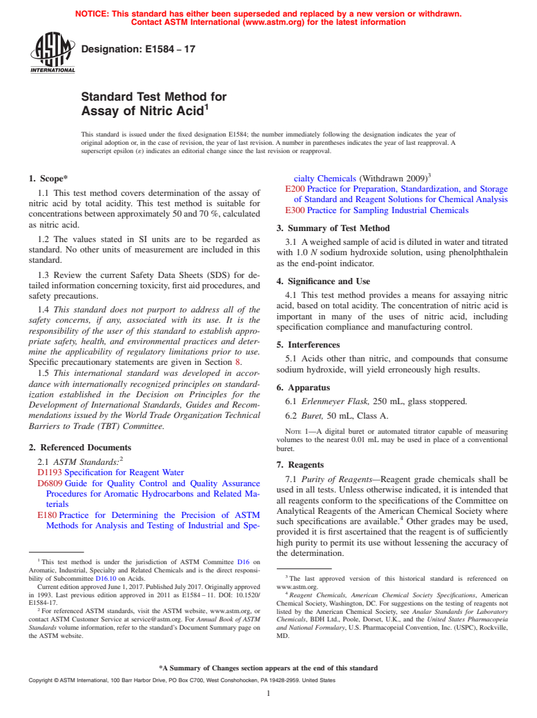 ASTM E1584-17 - Standard Test Method for Assay of Nitric Acid