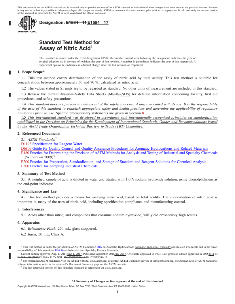 REDLINE ASTM E1584-17 - Standard Test Method for Assay of Nitric Acid