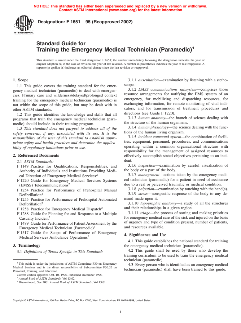 ASTM F1651-95(2002) - Standard Guide for Training the Emergency Medical Technician (Paramedic)