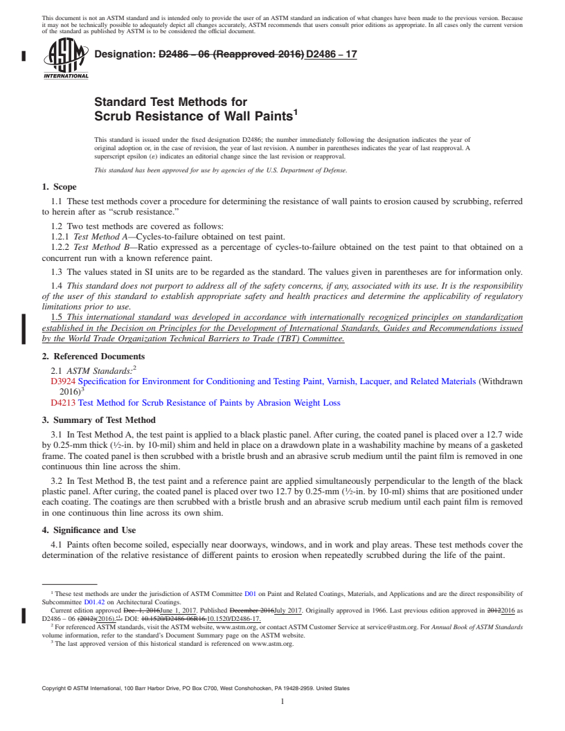 REDLINE ASTM D2486-17 - Standard Test Methods for Scrub Resistance of Wall Paints