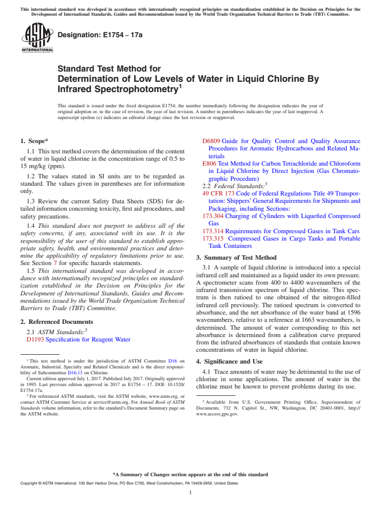 ASTM E1754-17a - Standard Test Method for Determination of Low Levels of Water in Liquid Chlorine By  Infrared Spectrophotometry